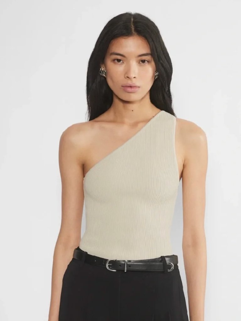 Aritzia Babaton Sculpt Knit One-Shoulder Ribbed Top Tan Xs